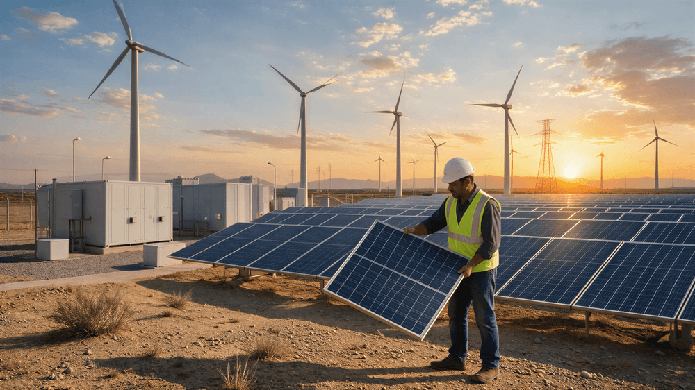 A renewable energy engineer in a safety helmet and high-visibility vest inspects a solar panel at a solar farm, with wind turbines and power transmission towers in the background at sunset.